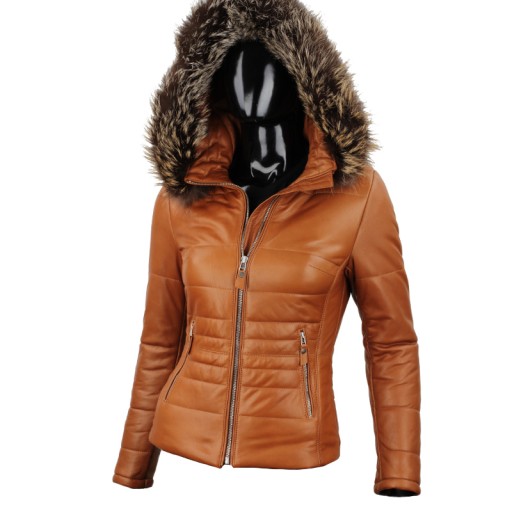 Camelová dámska kožená bunda prešívaná s kapucňou DORJAN HLN088 S
