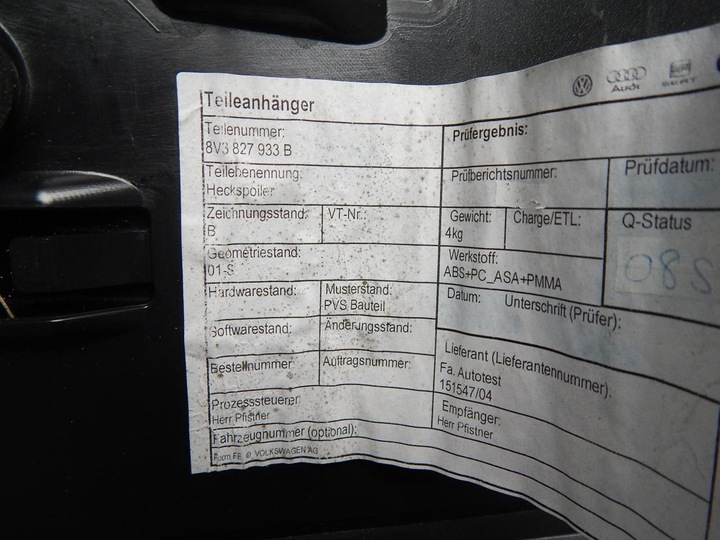 фото №4, Audi a3 8v спойлер спойлер крышки lx7w 8v3827933b